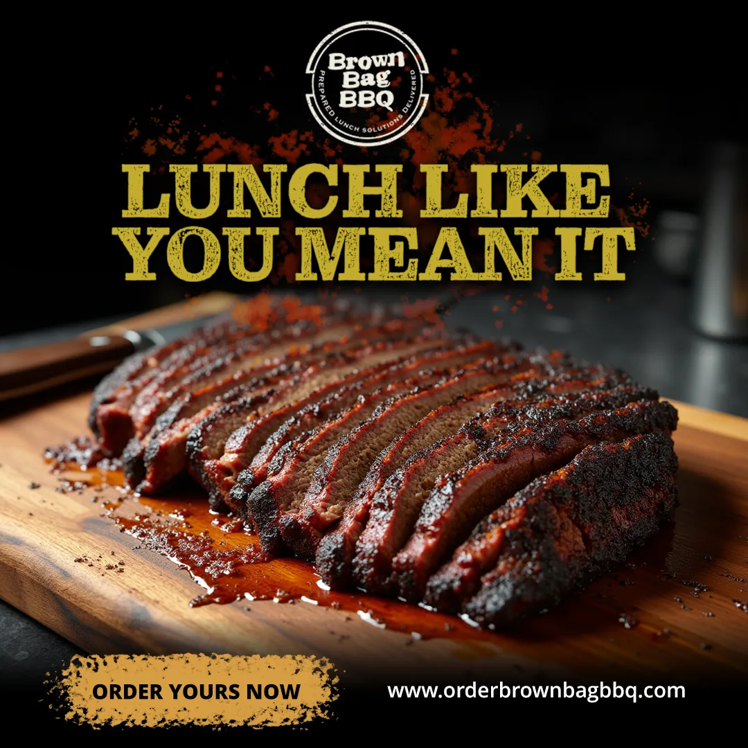 Sliced brisket on a cutting board under the headline Lunch like you mean it