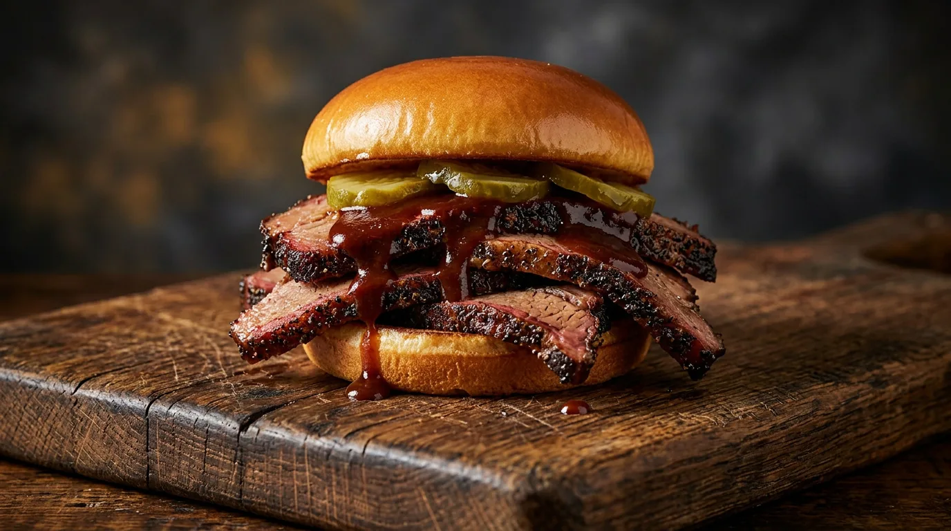 AI-generated brisket sandwich with pickles on a rustic wooden board, the Brown Bag BBQ campaign hero