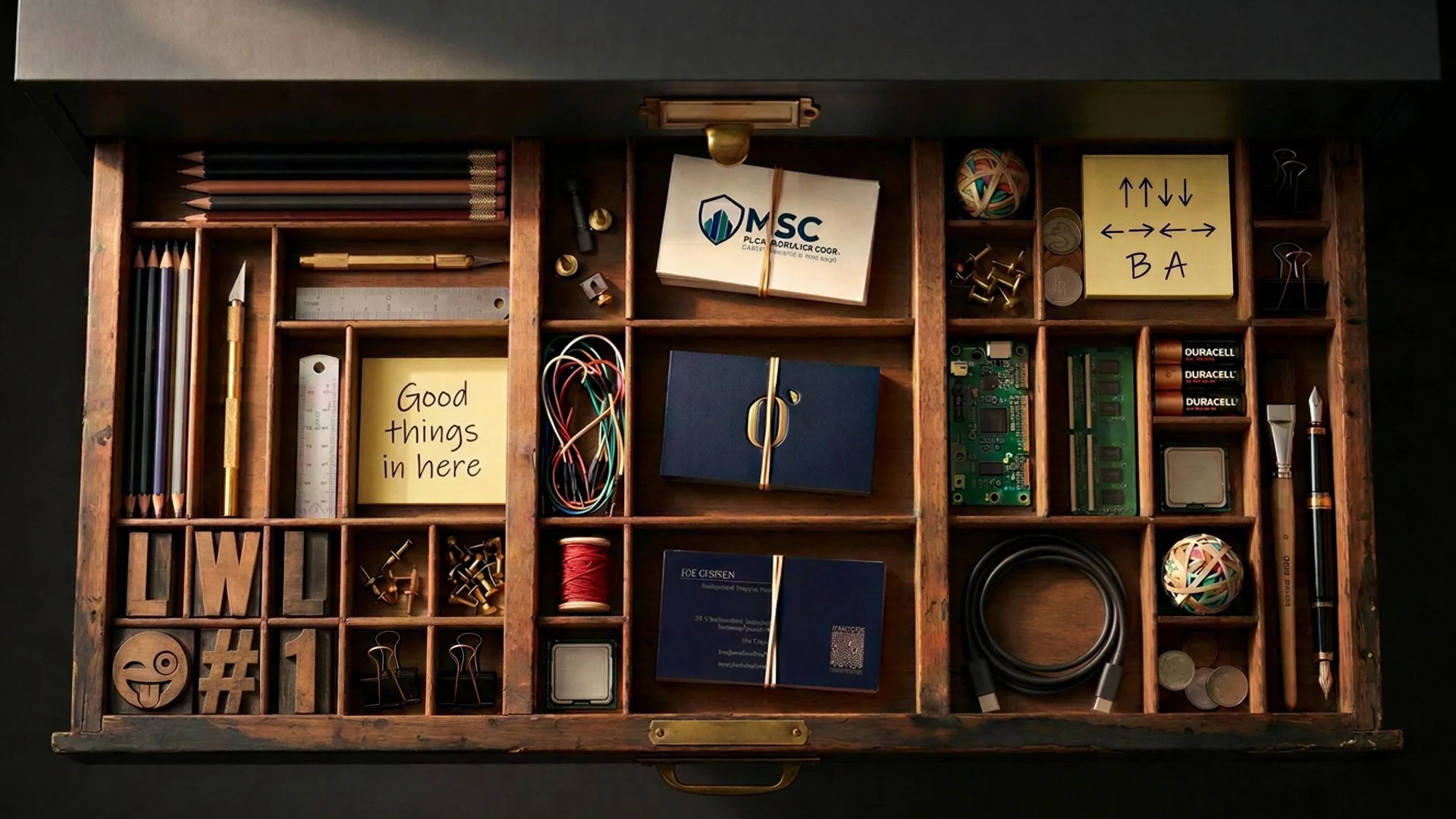 Overhead view of a vintage letterpress type drawer pulled from a dark cabinet, filled with pencils, an X-Acto knife, wires, RAM, a circuit board, client business cards and sticky notes