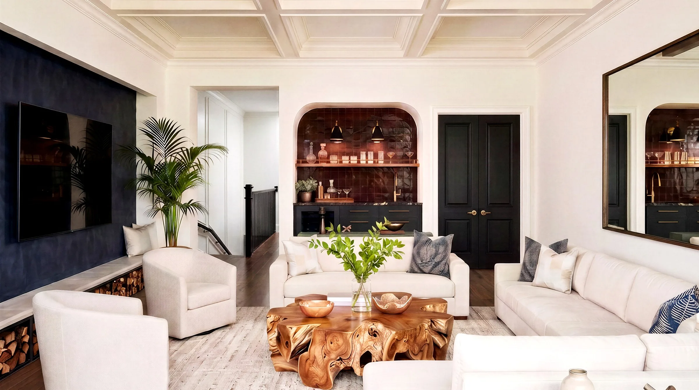 Photoreal render of a recreation room with a coffered ceiling and an arched tiled bar nook