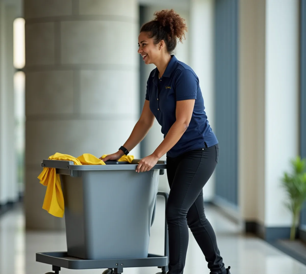 McGarr cleaner in a branded polo pushing a service cart down a bright lobby corridor