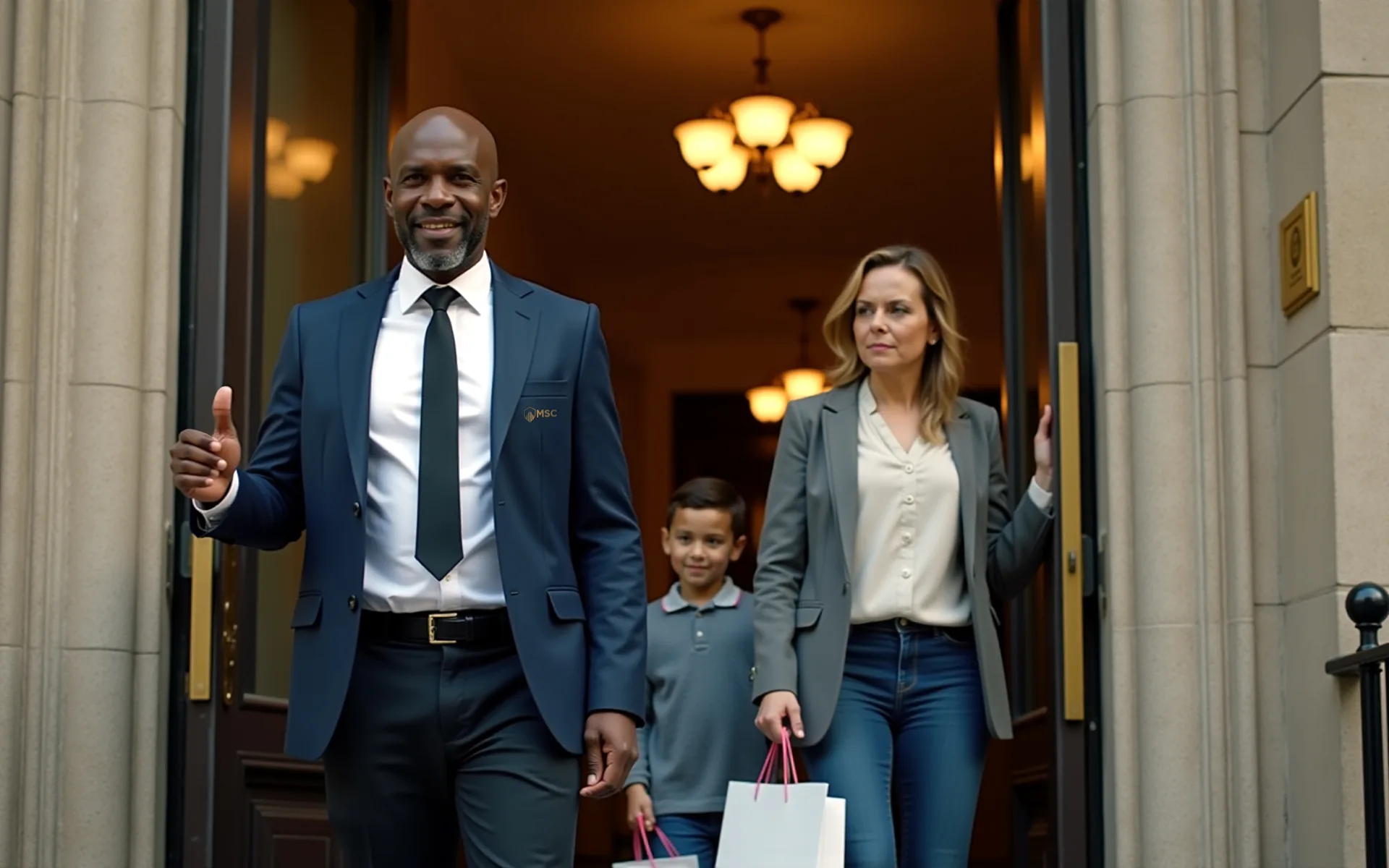 McGarr concierge holding the door for a mother and son leaving a building