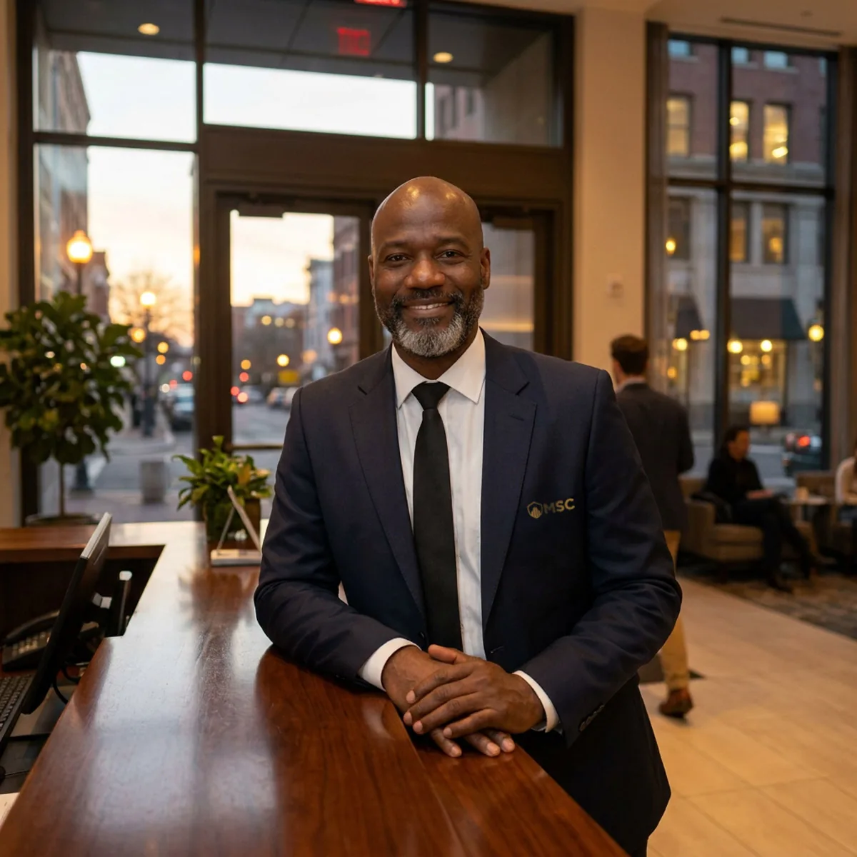 McGarr concierge smiling at a lobby front desk at dusk