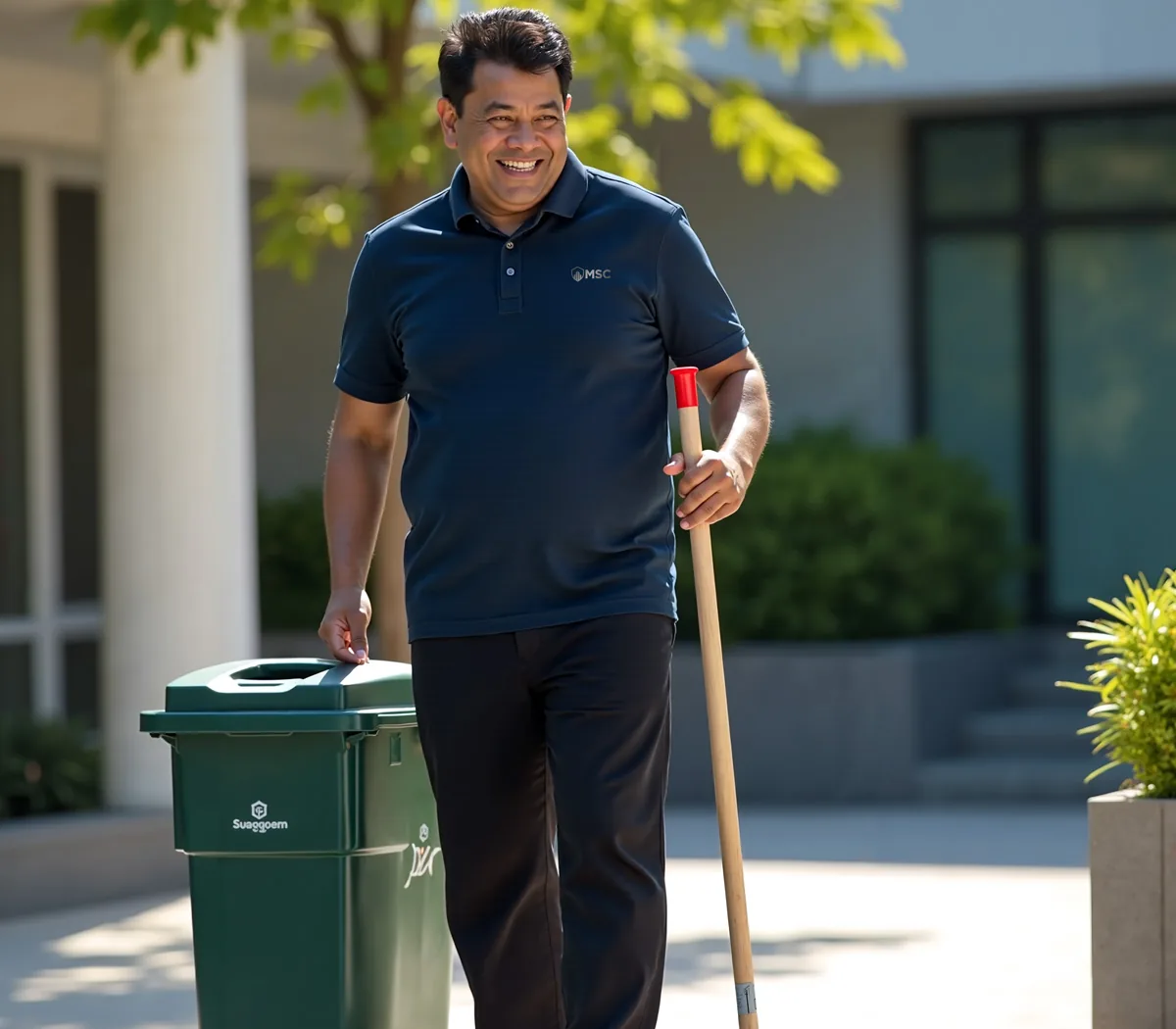 McGarr groundskeeper in a branded polo outside an office building