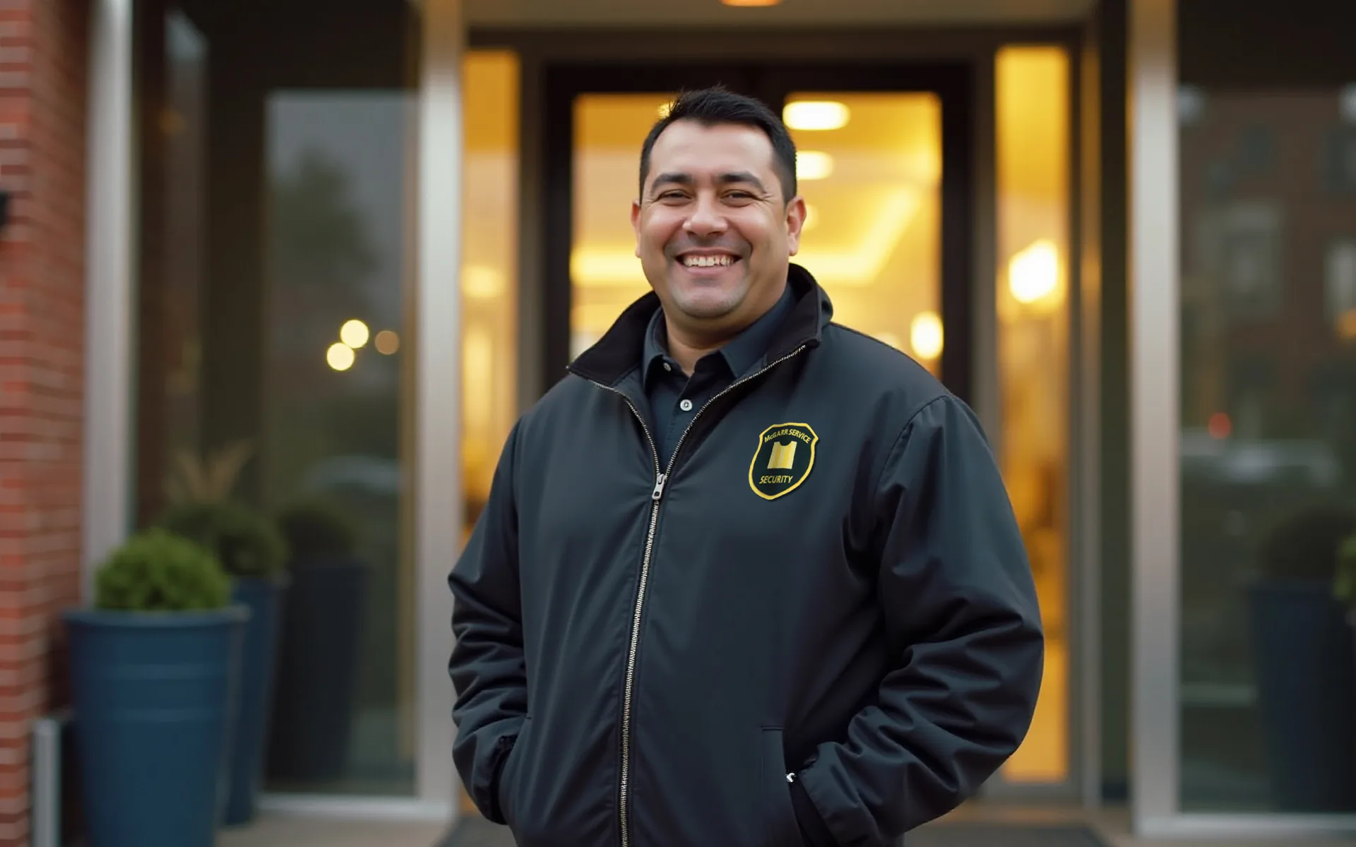 McGarr security officer smiling outside a building entrance