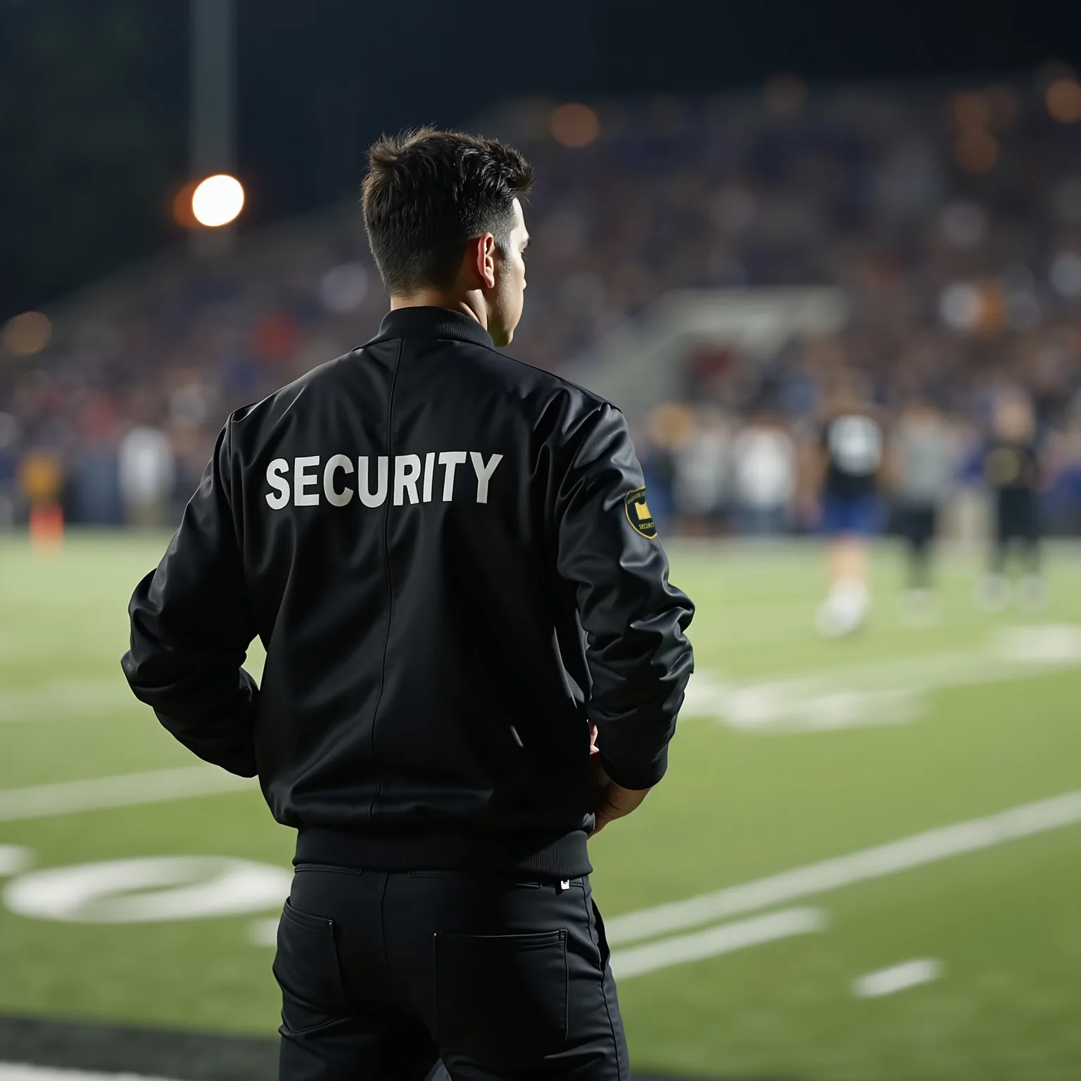 McGarr security officer watching the field at a night football game