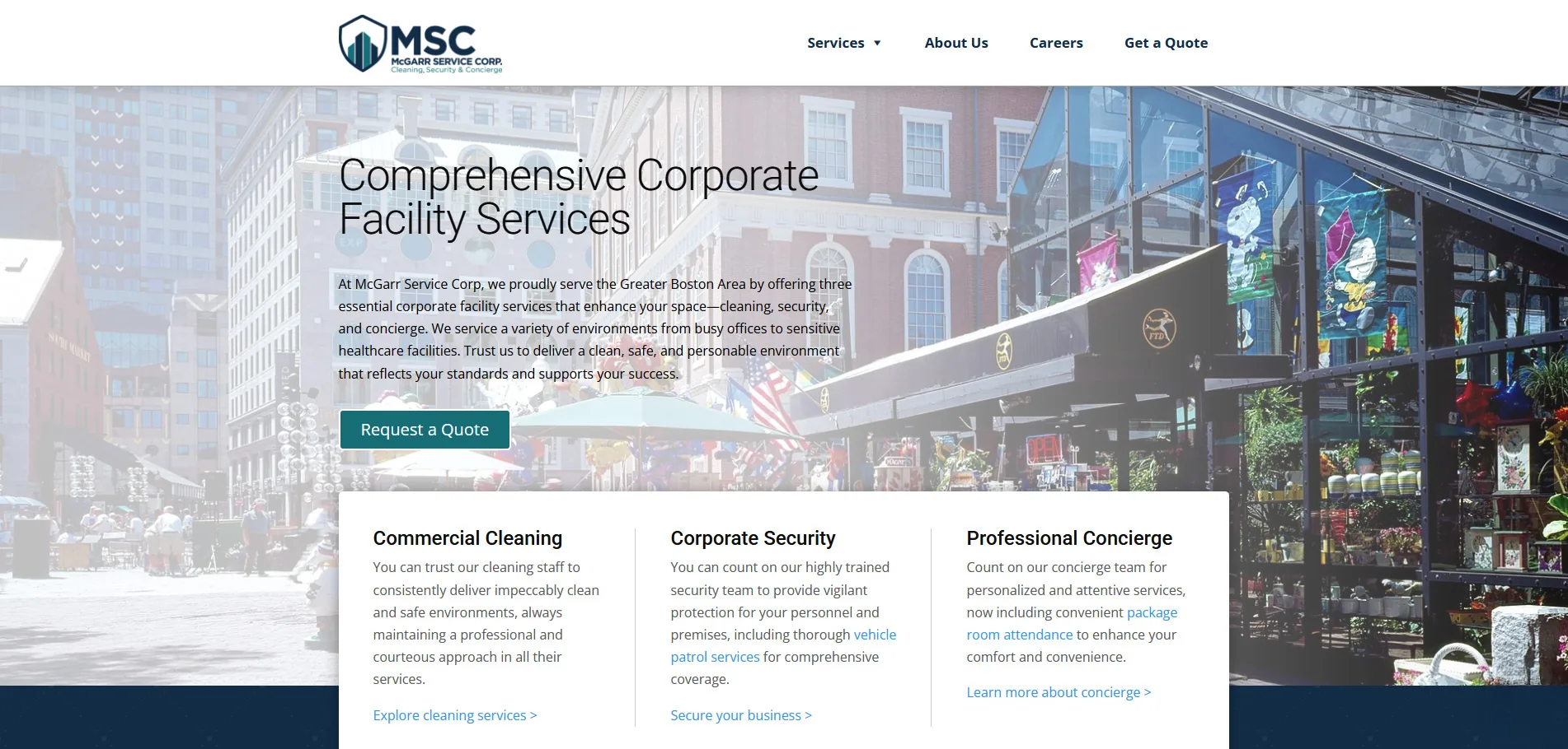 The McGarr Service Corp homepage: Comprehensive Corporate Facility Services, with cleaning, security and concierge below