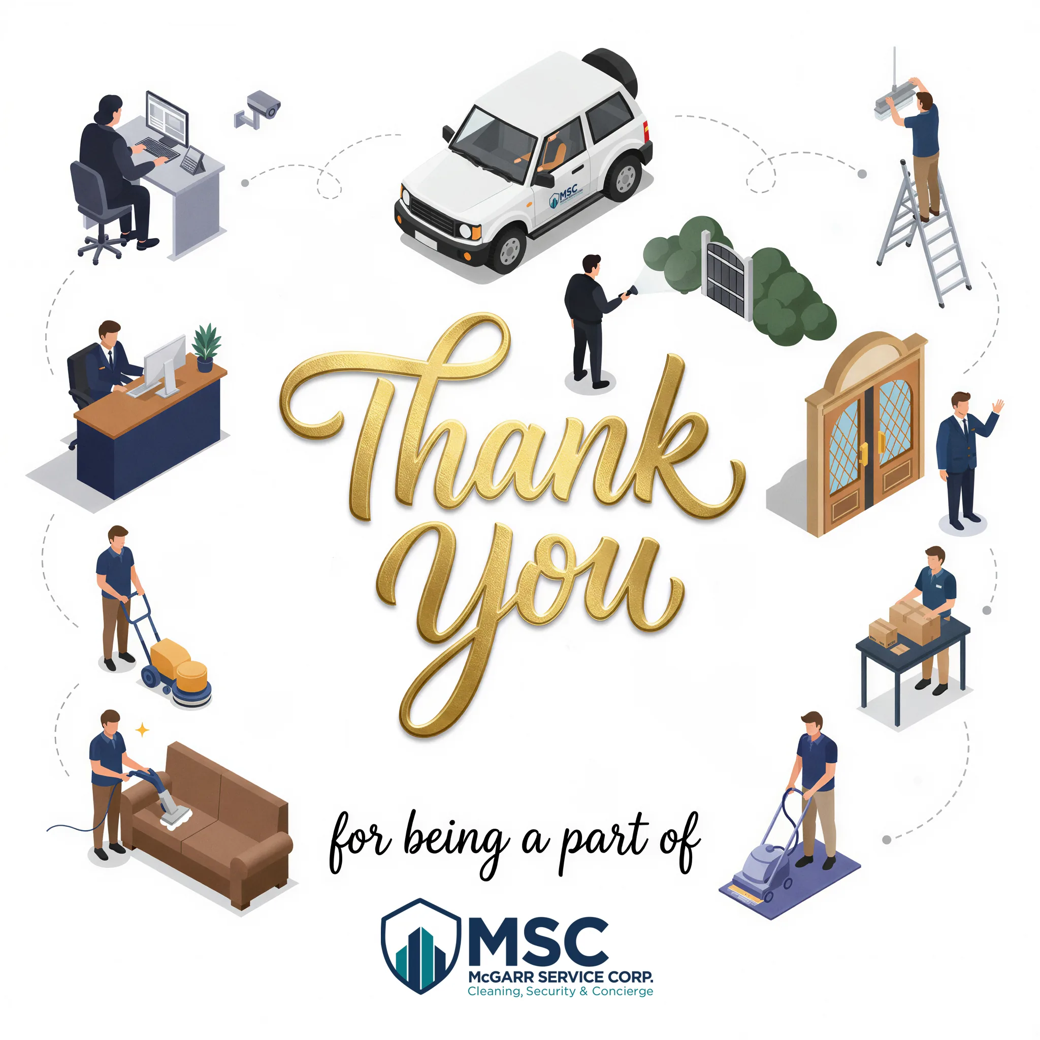 McGarr thank-you post with illustrated cleaning, security and concierge staff around a gold script Thank You