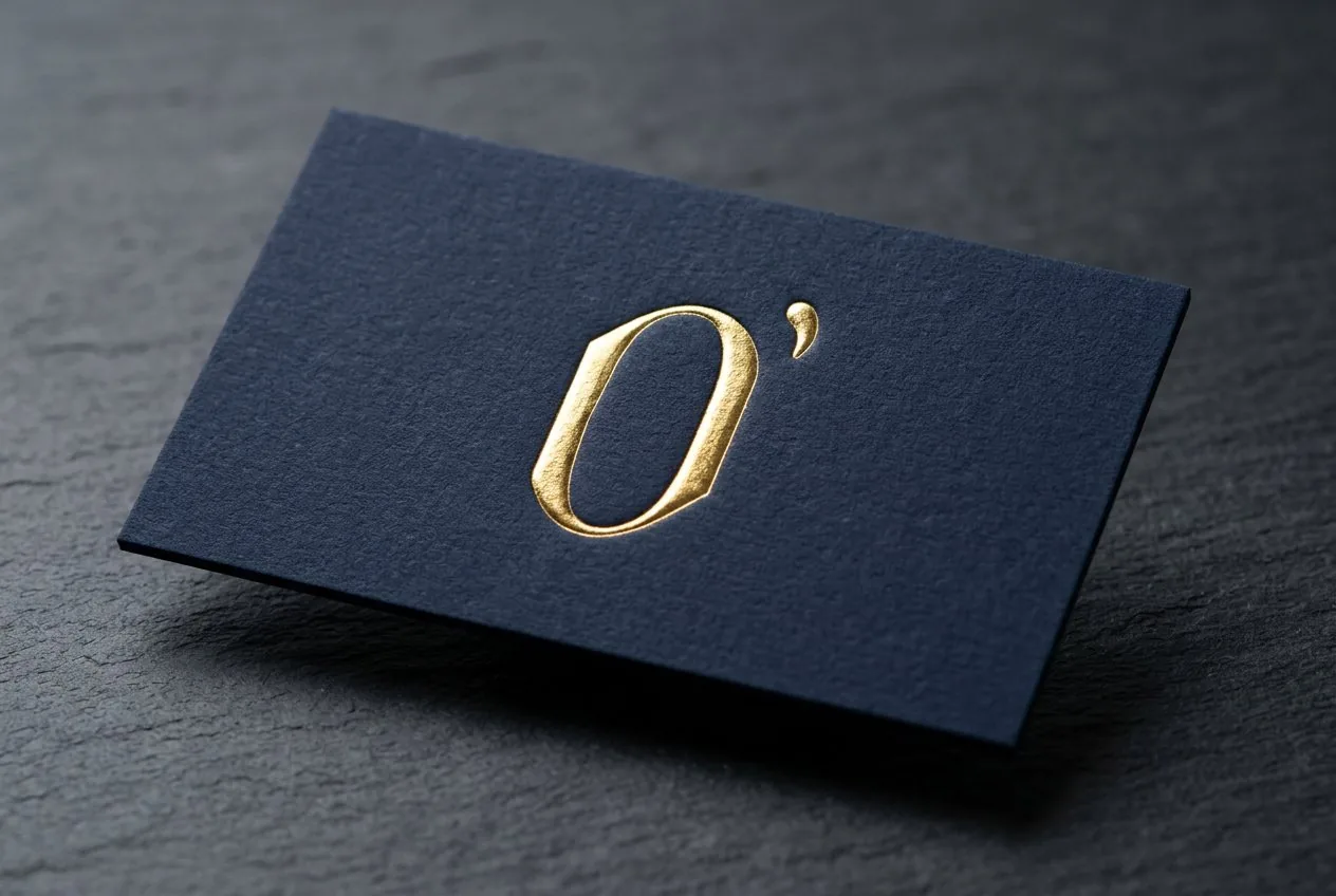 O’Brien Family Law business card: a gold foil O’ monogram on deep navy stock
