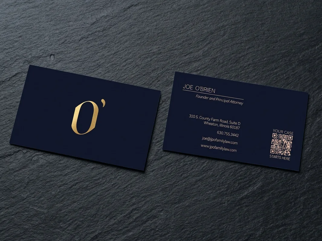 O’Brien Family Law business cards, front with gold O’ monogram and back with contact details and a QR code