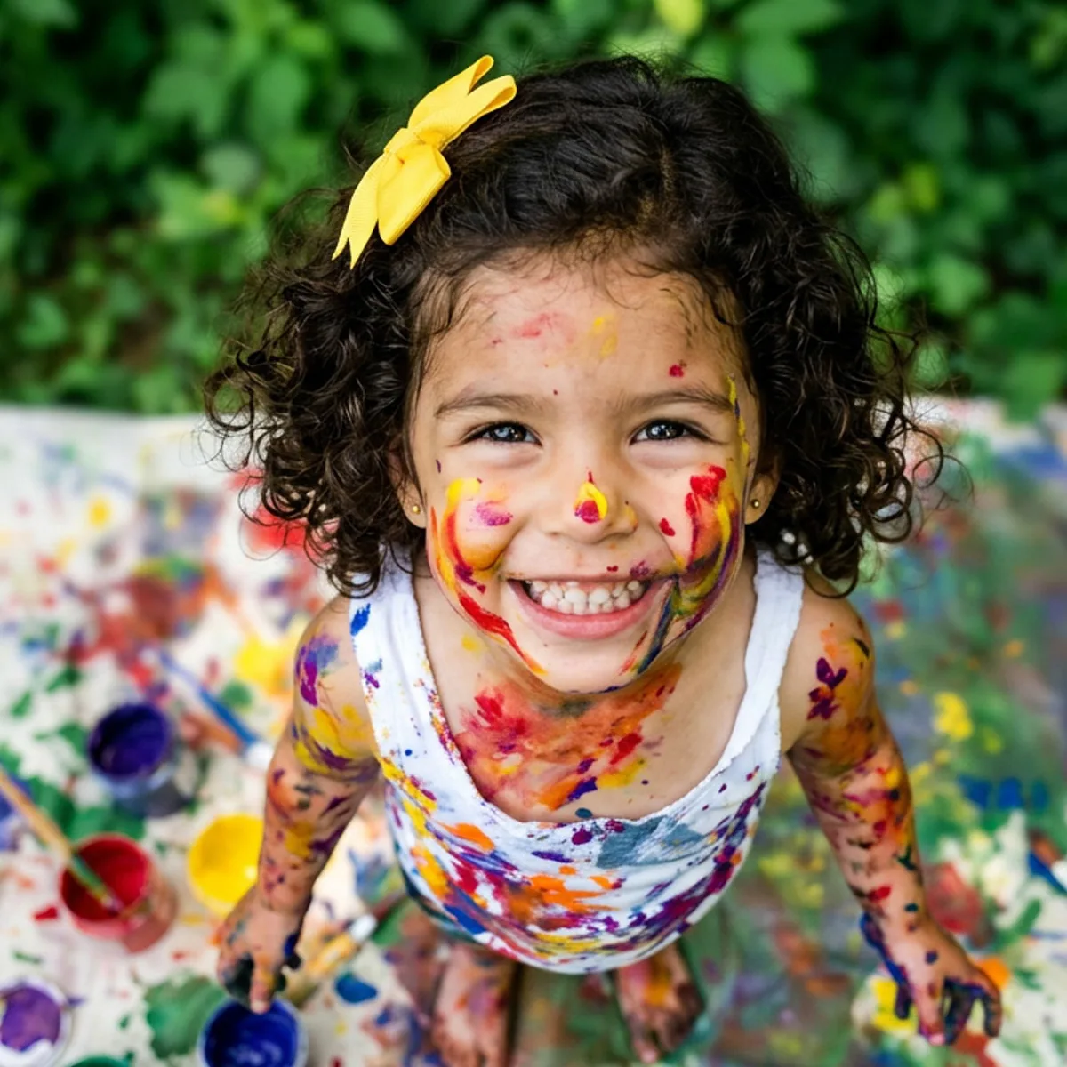 A smiling young girl covered in bright paint, looking up at the camera