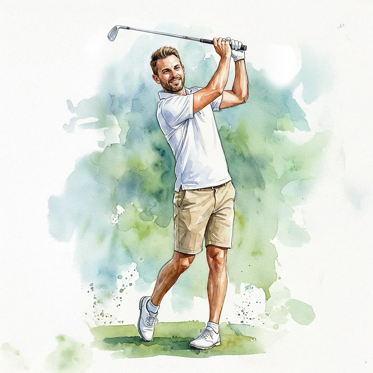 Watercolor illustration of a golfer mid-swing
