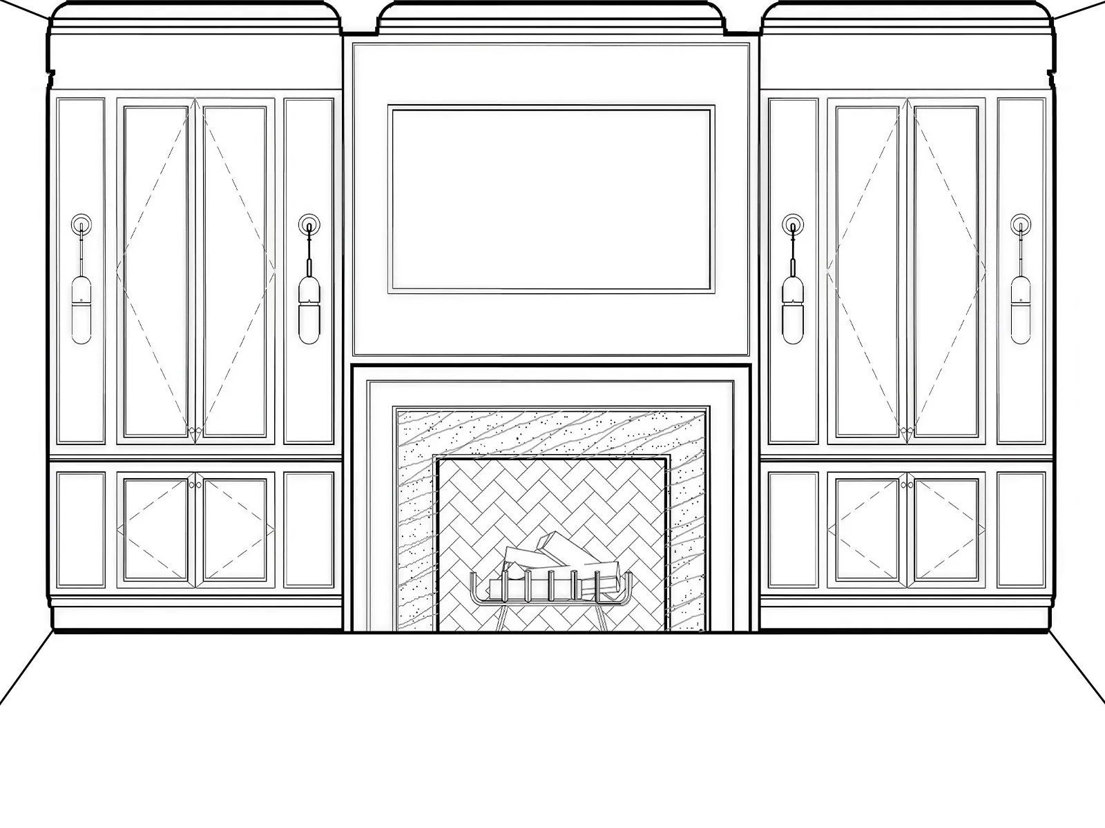 Elevation drawing of the family room fireplace wall with built-in cabinetry