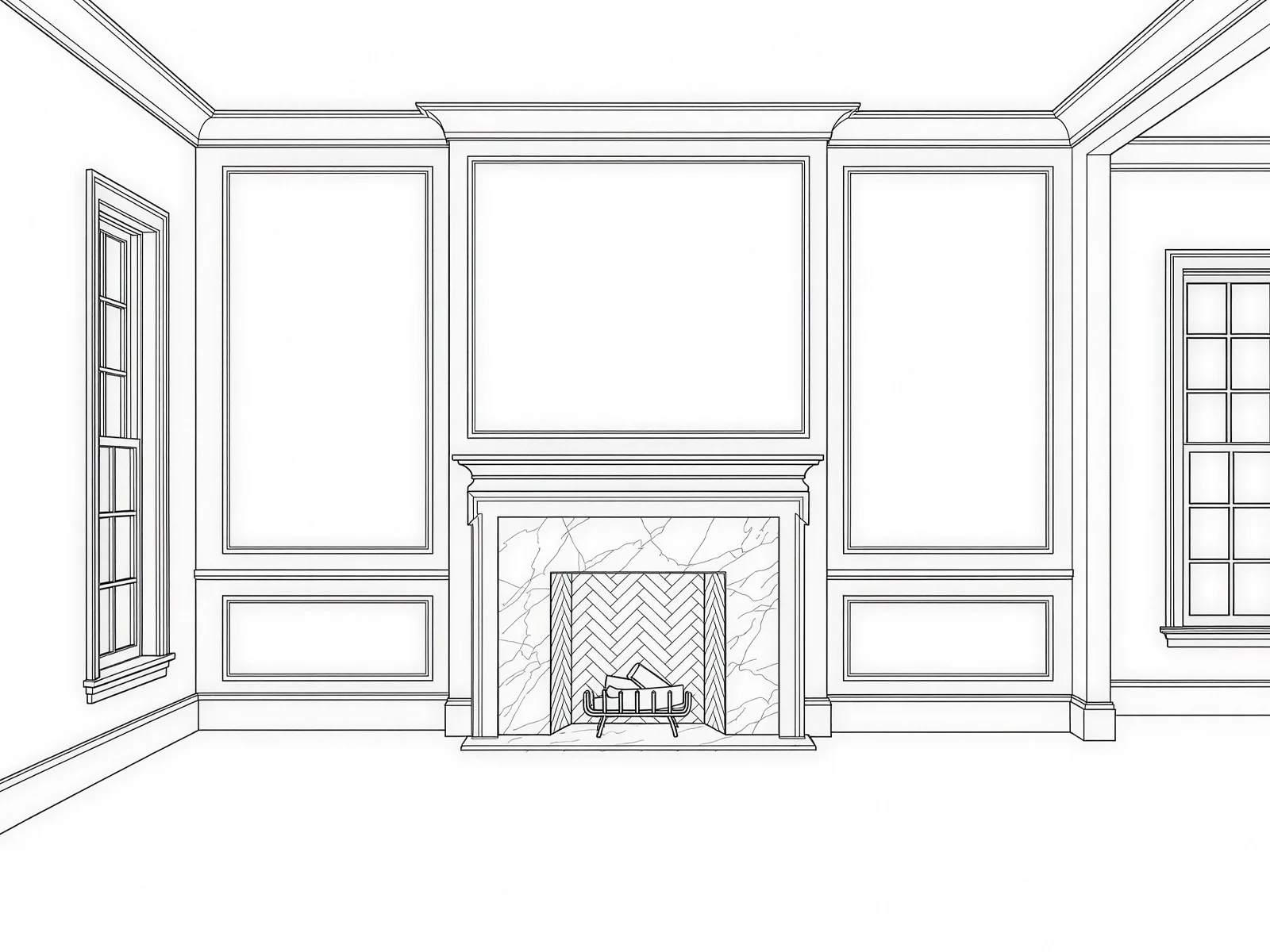 Elevation drawing of the front living room fireplace wall with panel moulding