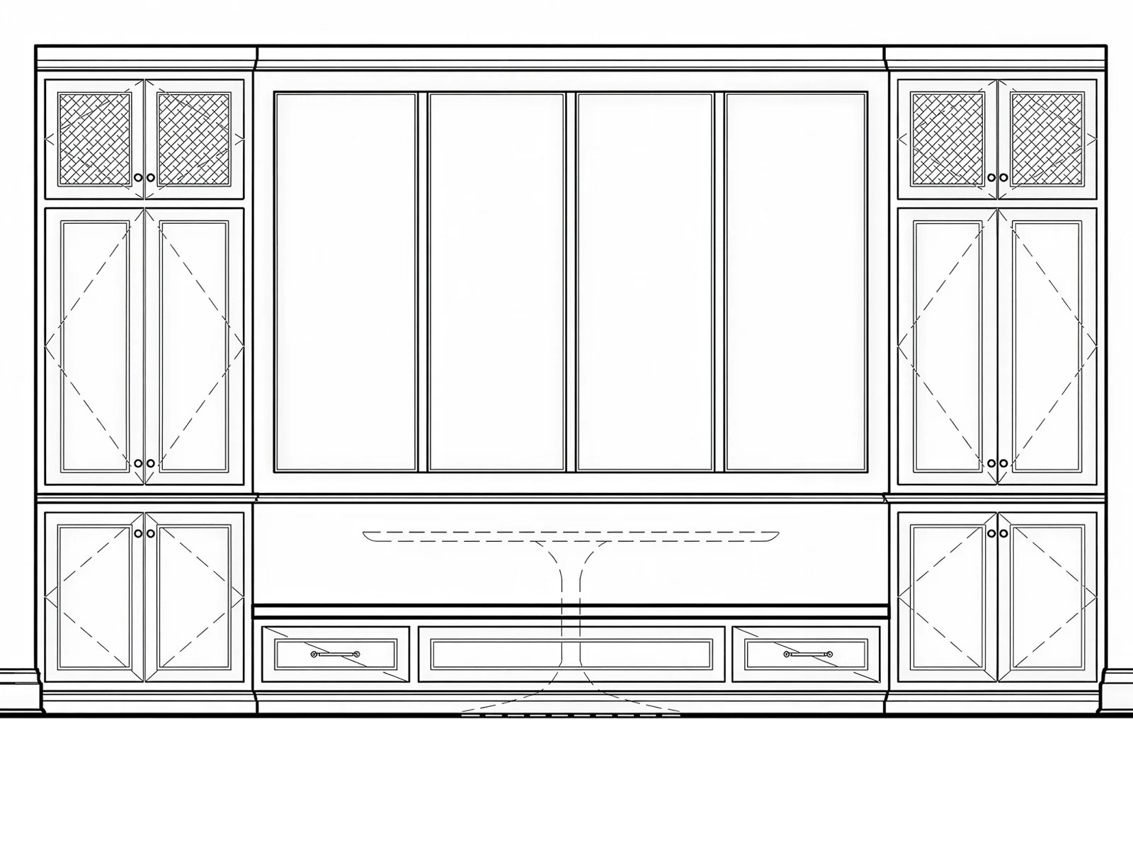 Elevation drawing of the kitchen nook wall with built-in cabinets and banquette