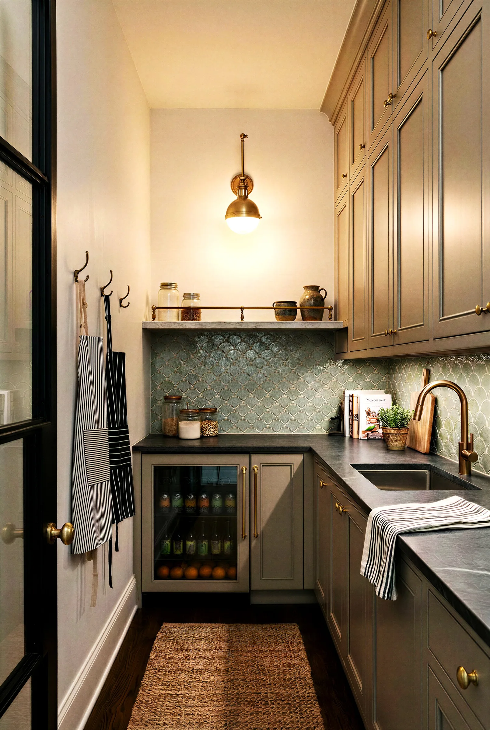 Photoreal render of a butler's pantry with scalloped green tile, brass fixtures and a glass-front beverage fridge