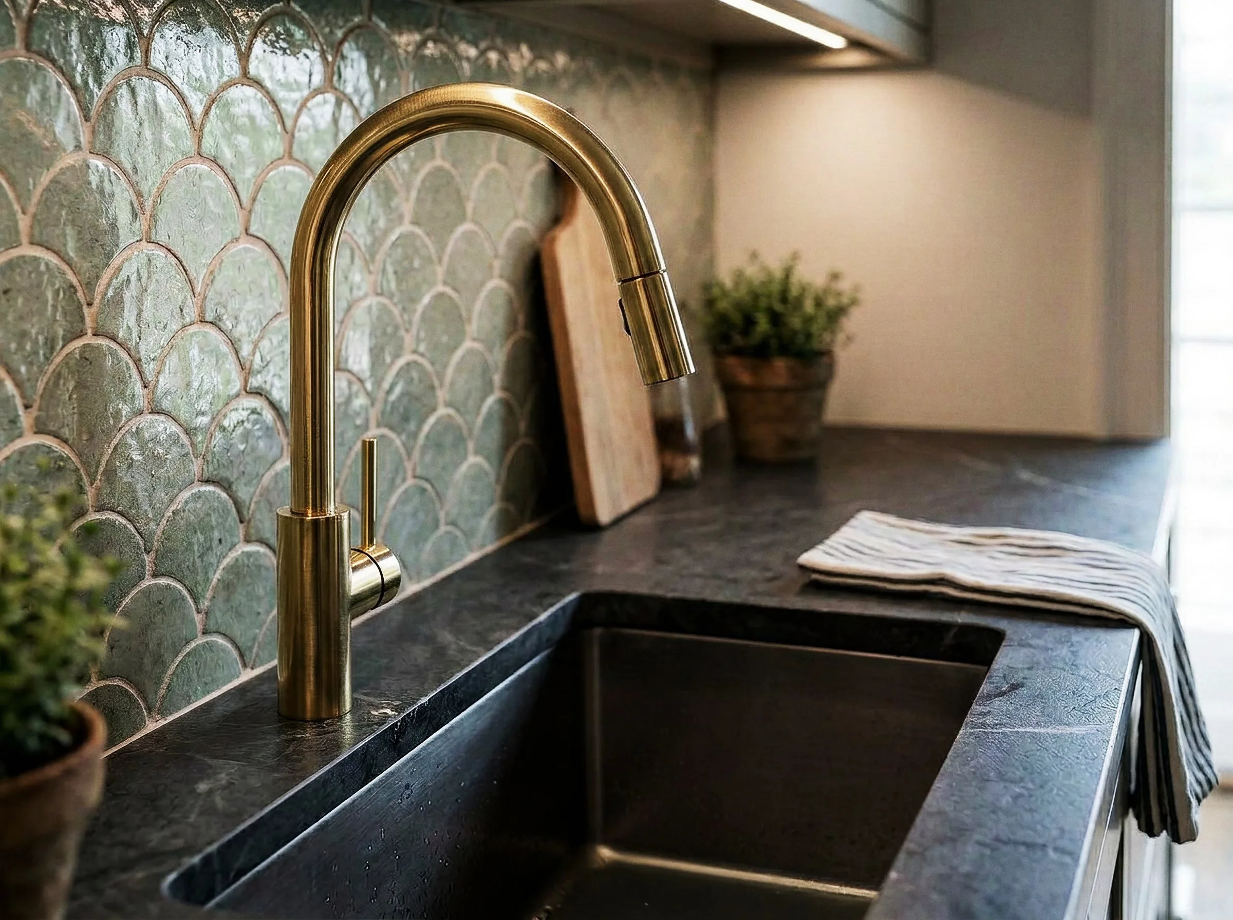 Photoreal render detail: brass faucet, scalloped green tile and soapstone counter