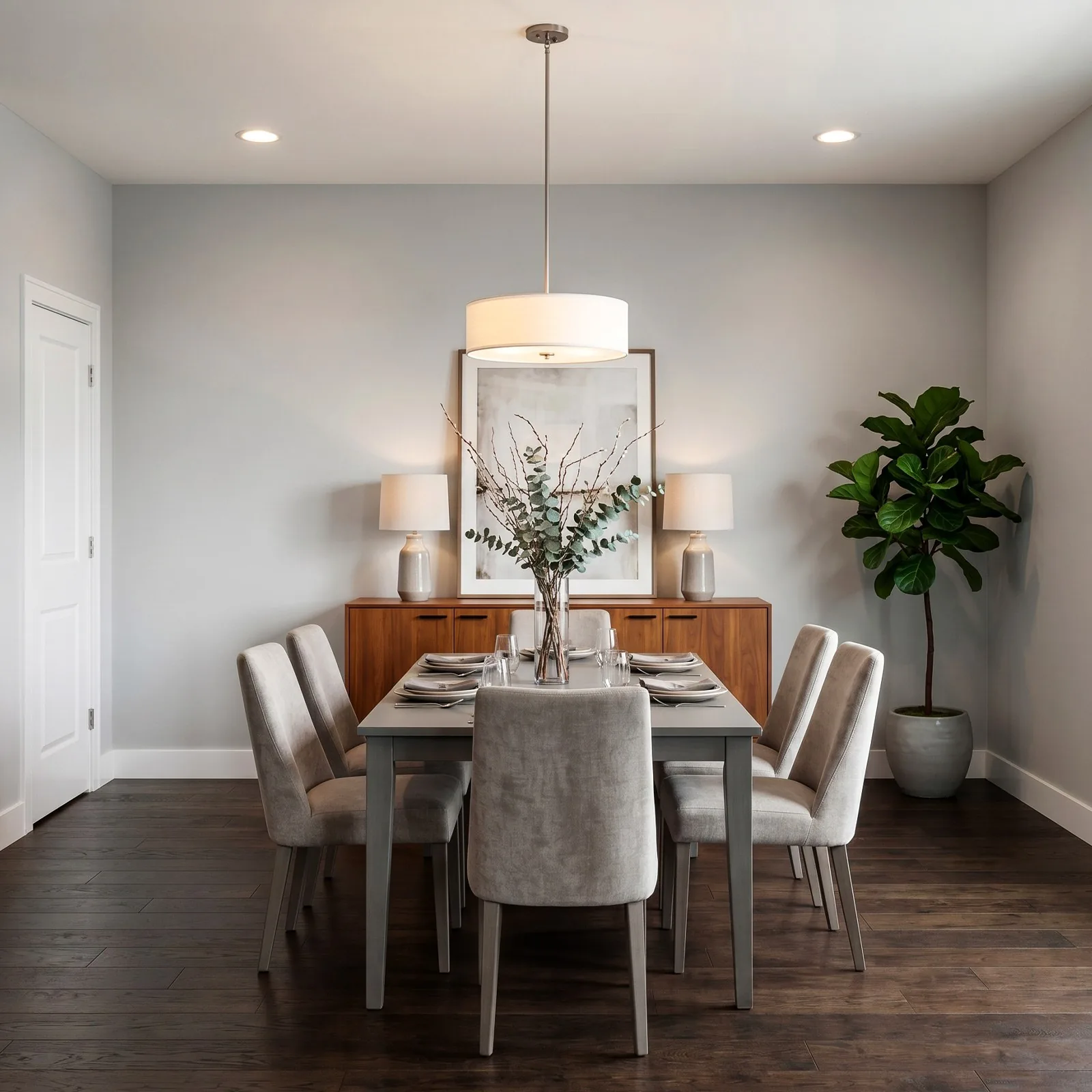 Photoreal render of a dining room with a drum pendant, upholstered chairs, walnut sideboard and fiddle-leaf fig