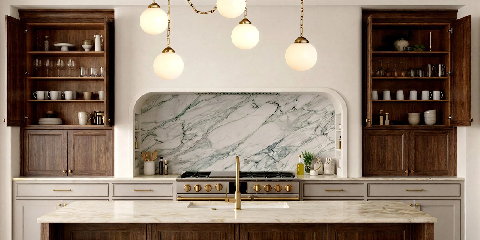 Photoreal render of a kitchen with a marble-slab range alcove, walnut glass cabinets, globe pendants and a marble island