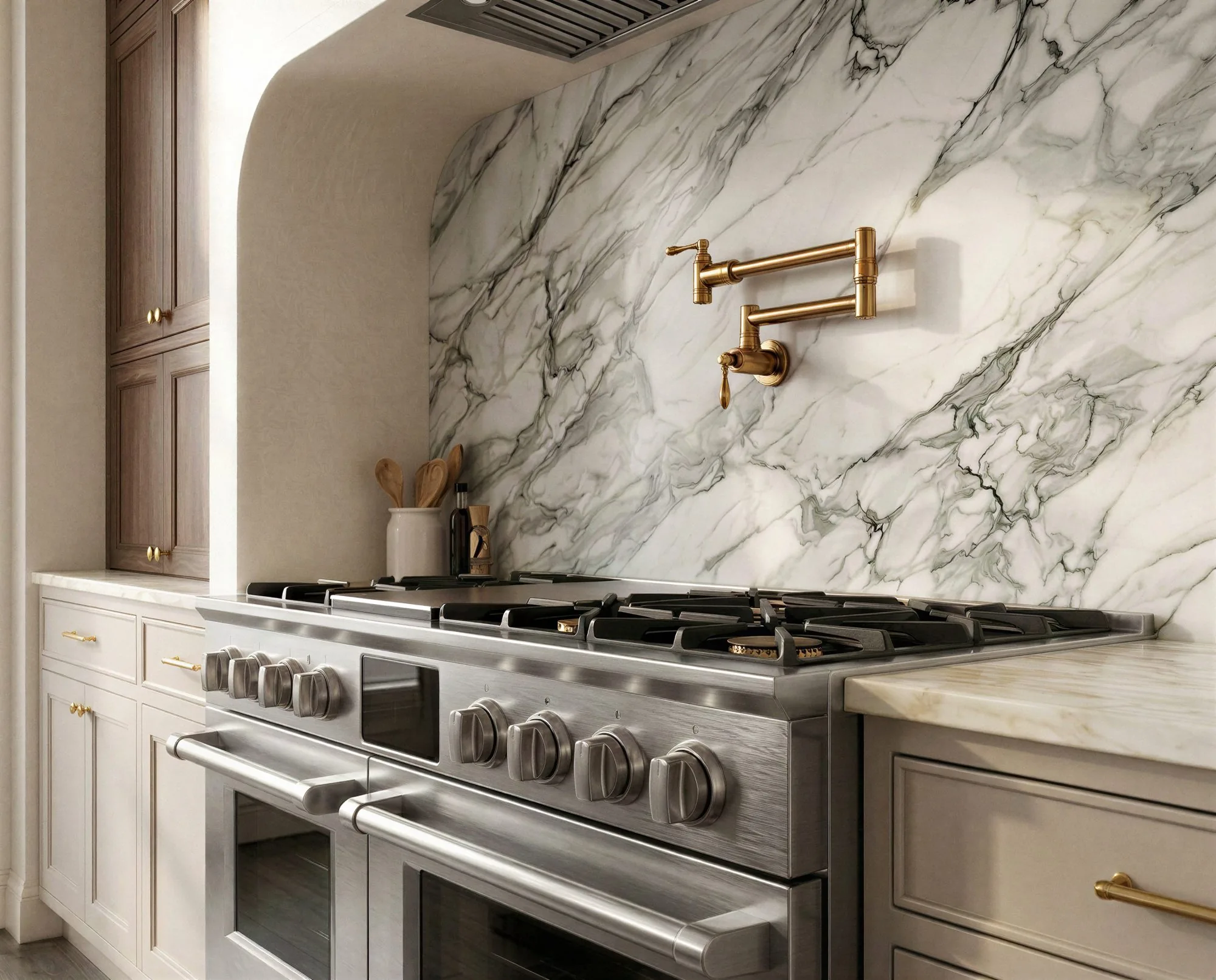 Photoreal render of a kitchen range with a marble backsplash
