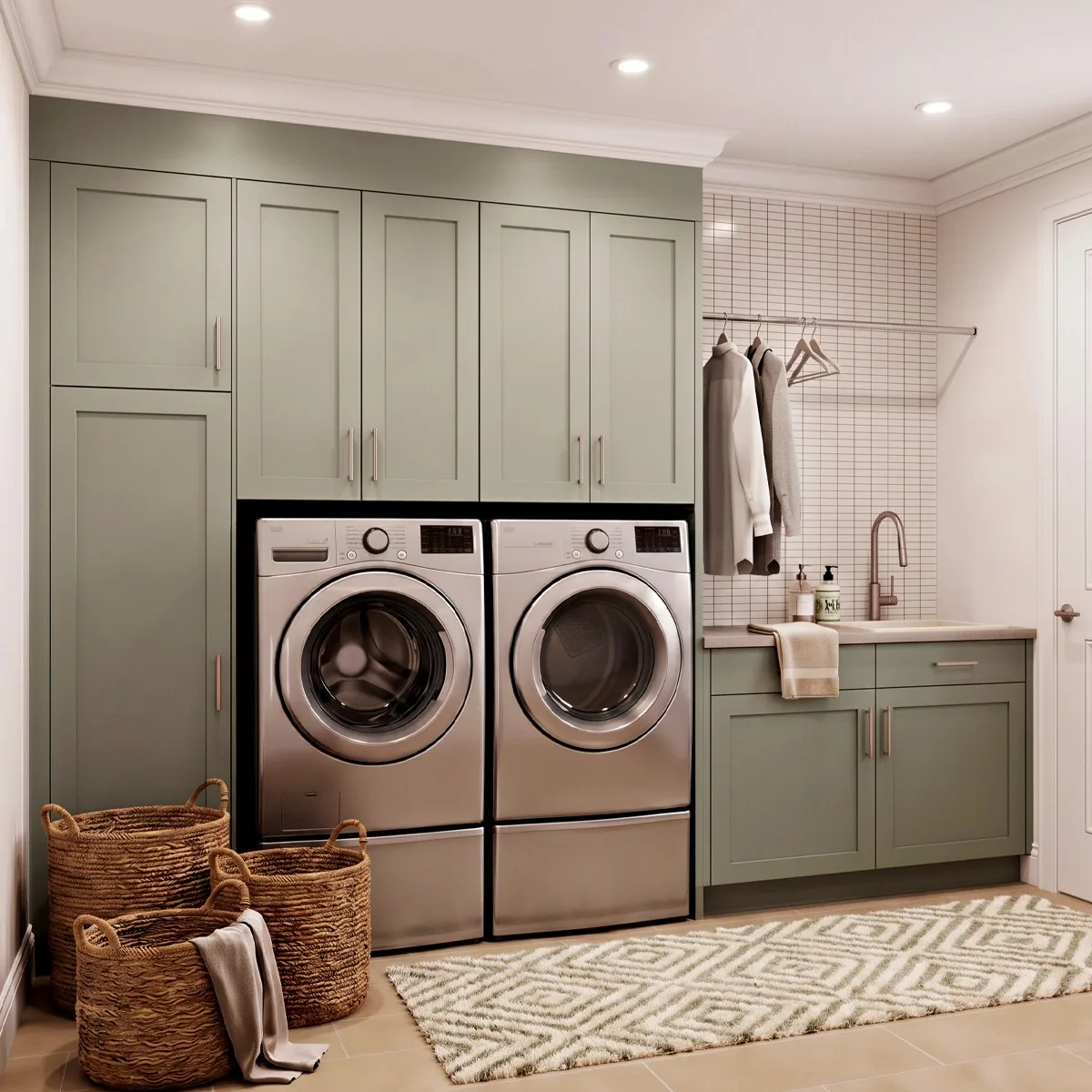 Photoreal render of a laundry room with sage shaker cabinets, stacked-pedestal washer and dryer and a utility sink