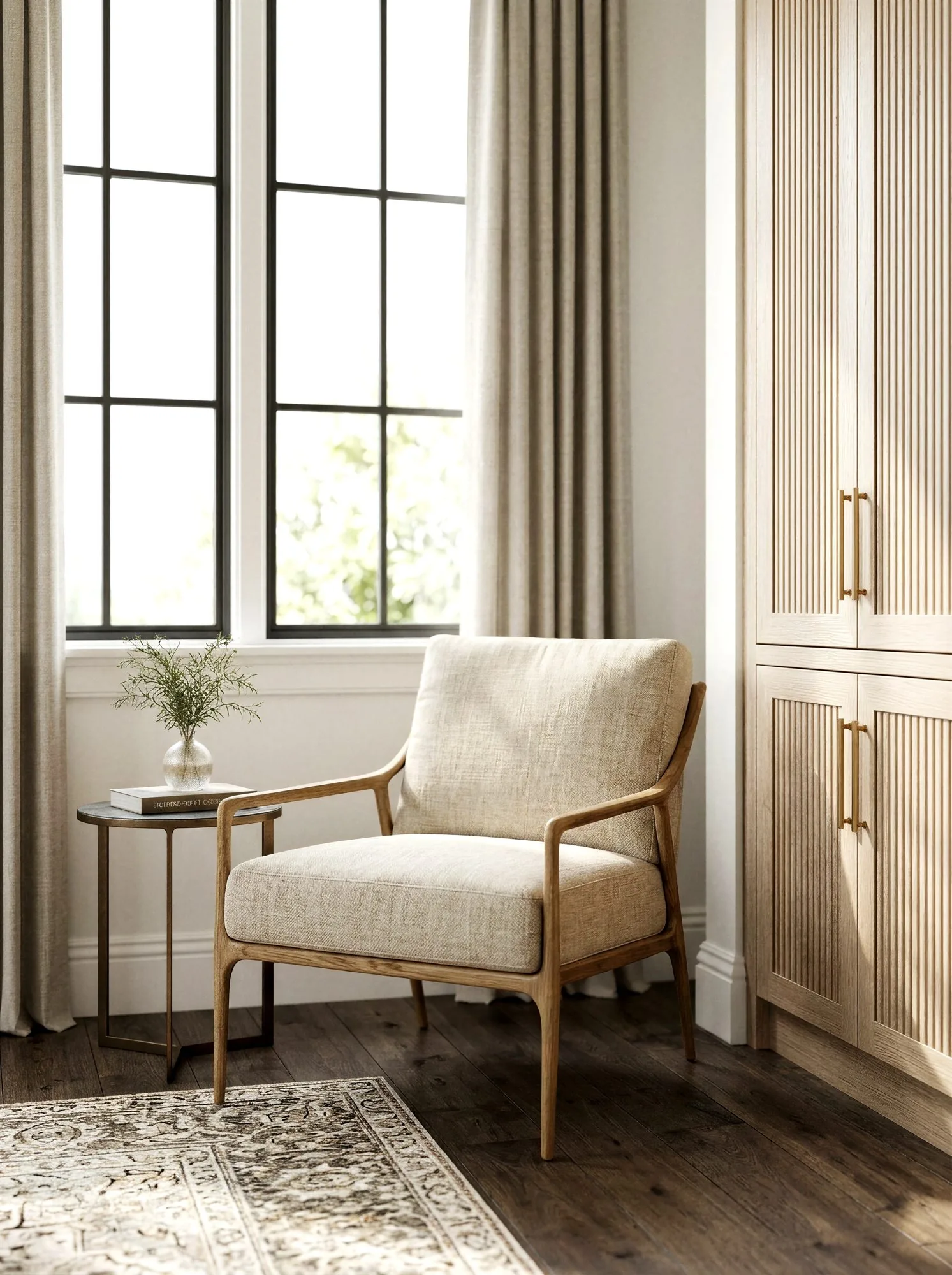 Photoreal render of a linen armchair by a window