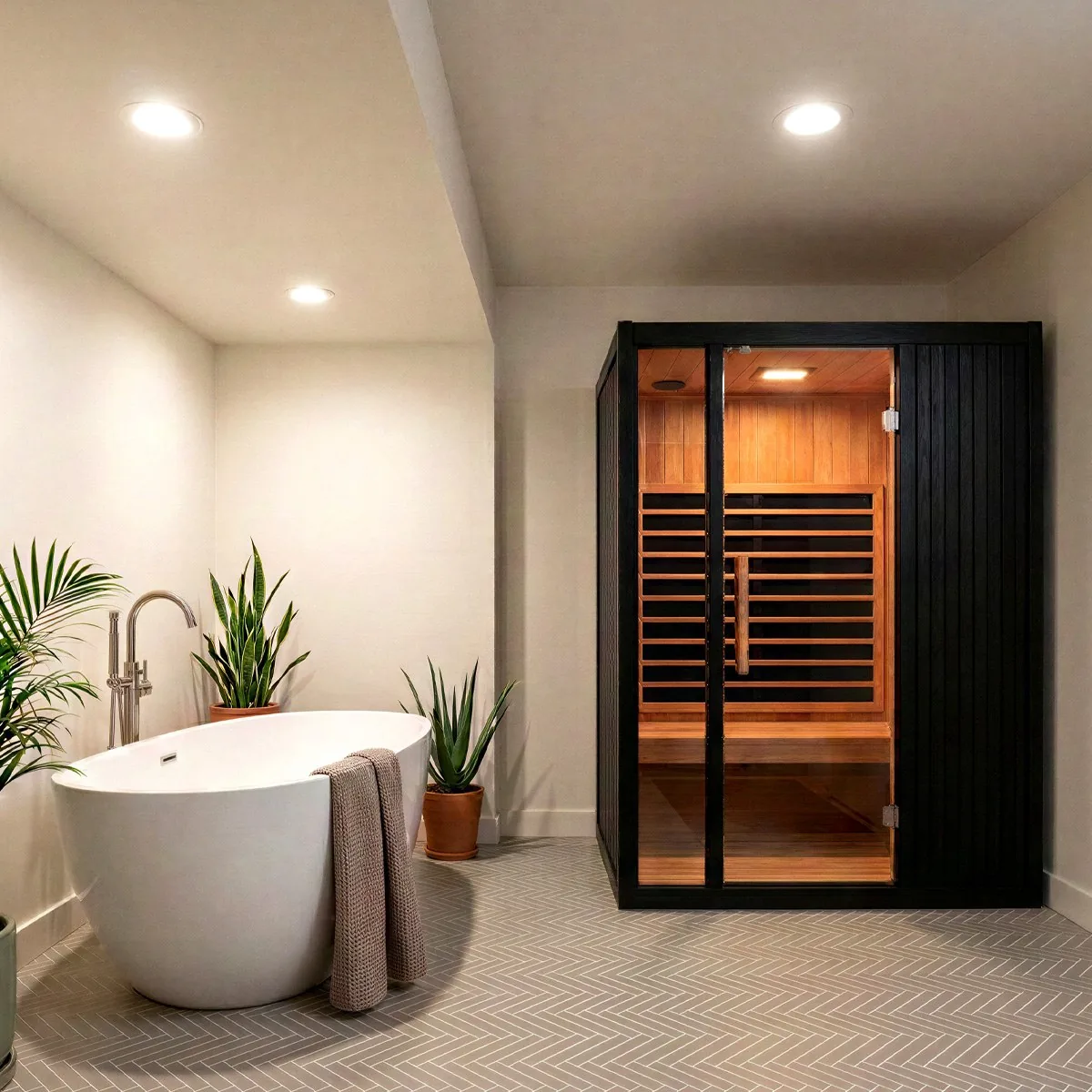 Photoreal render of a lower-level wellness room with a freestanding tub and a black infrared sauna