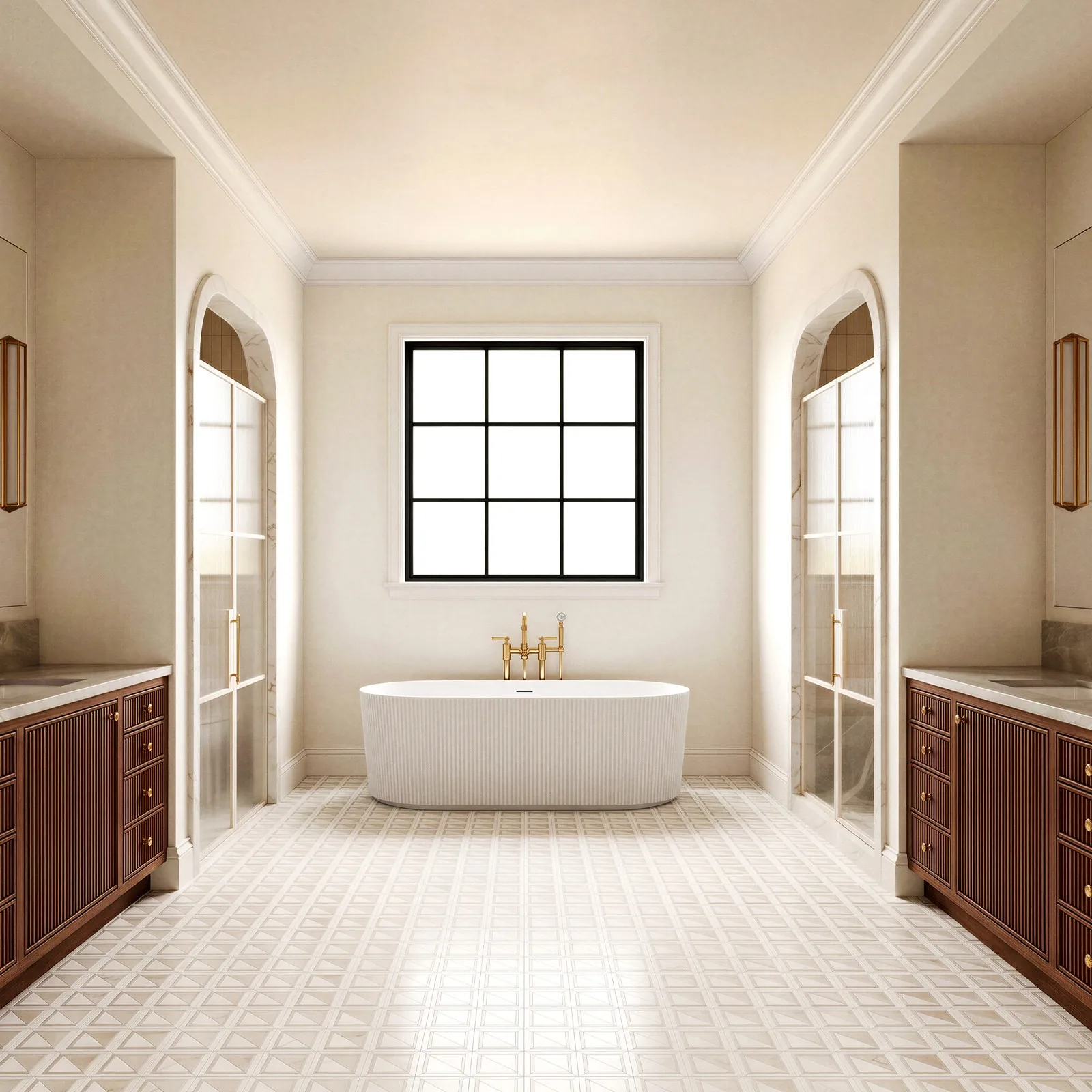 Photoreal render of a primary bath with a fluted freestanding tub, arched glass showers and walnut fluted vanities