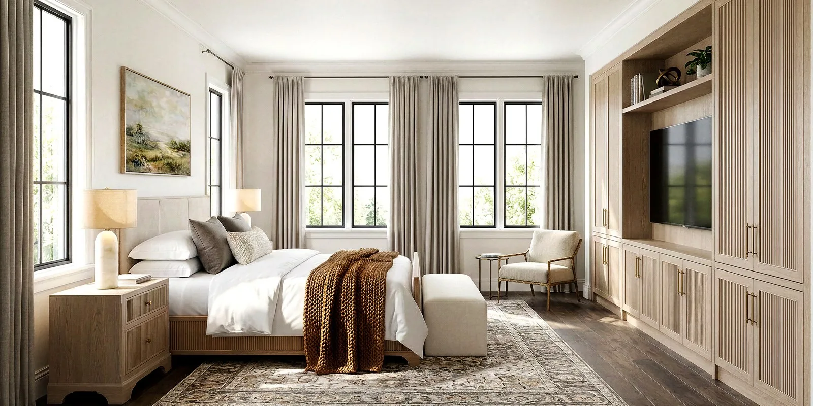 Photoreal render of a primary bedroom with oak fluted built-ins, linen drapes and black-framed windows