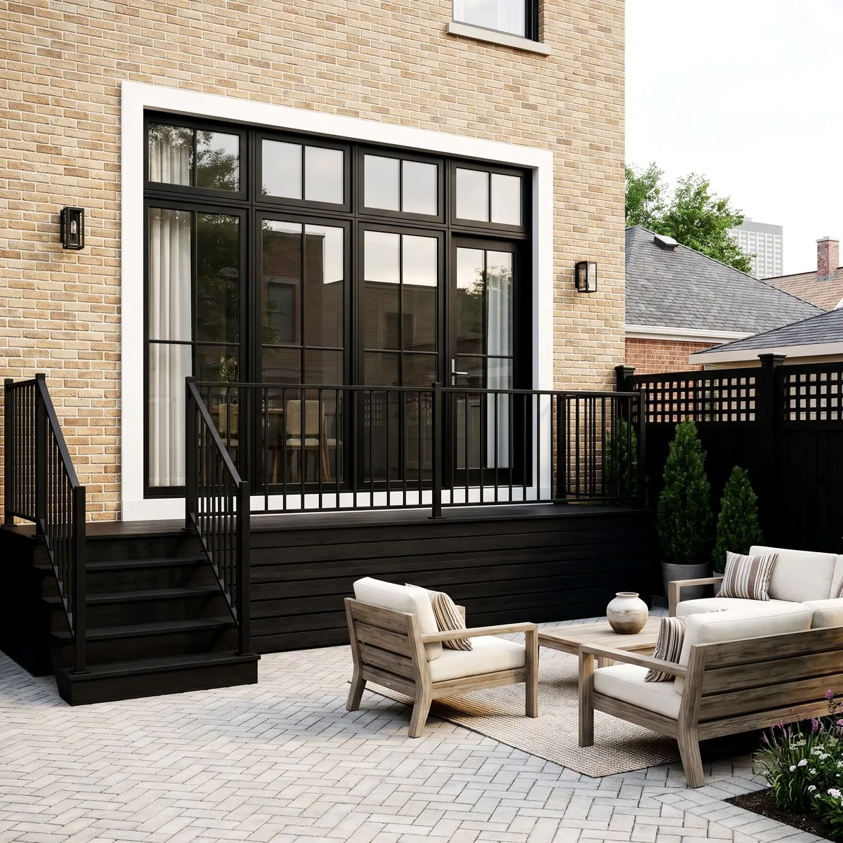 Photoreal render of a rear patio: black deck and railings, black steel French doors in buff brick, herringbone pavers and teak seating