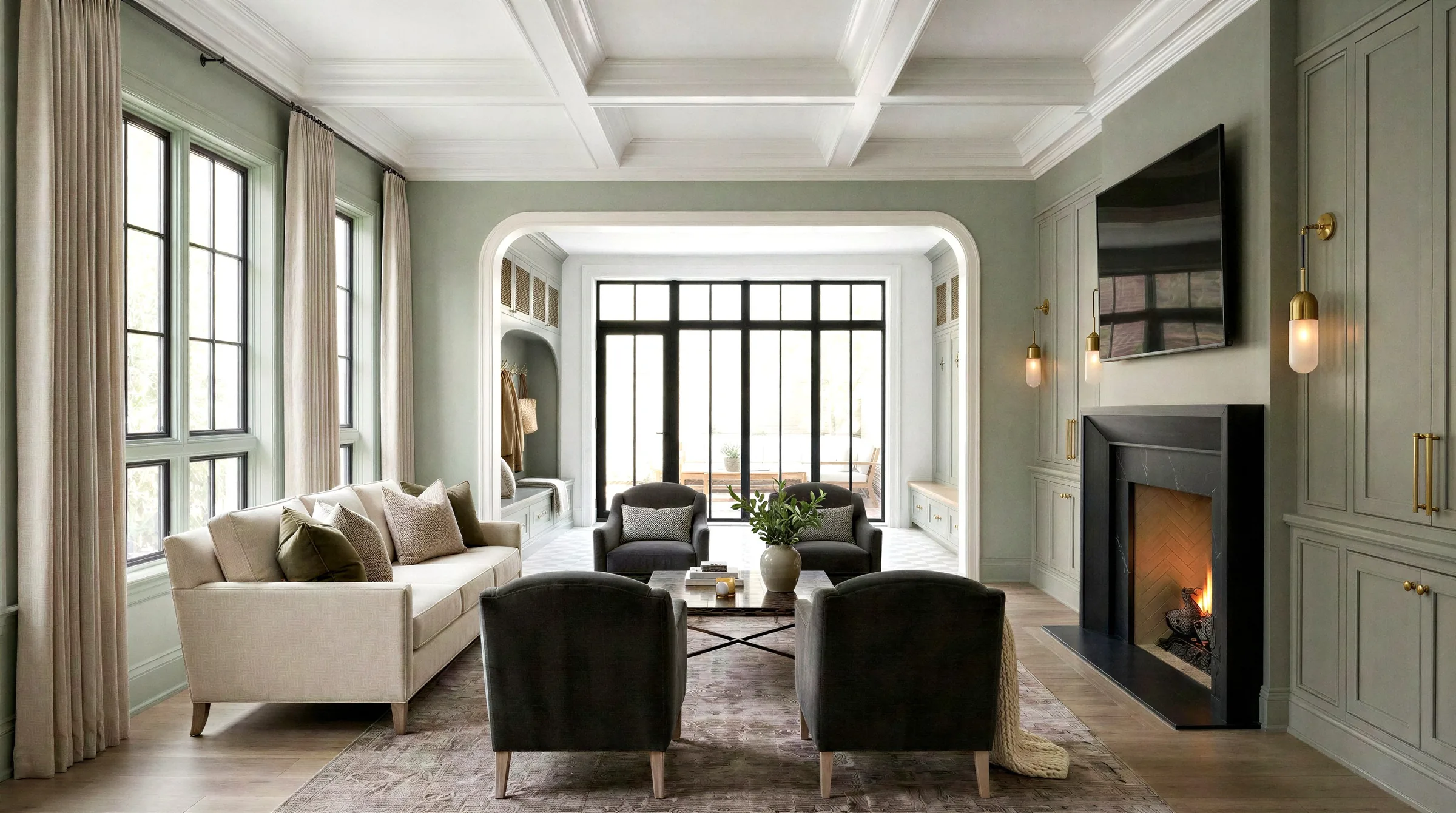 Photoreal render of a sage living room with a coffered ceiling, black stone fireplace and arched opening to the mudroom