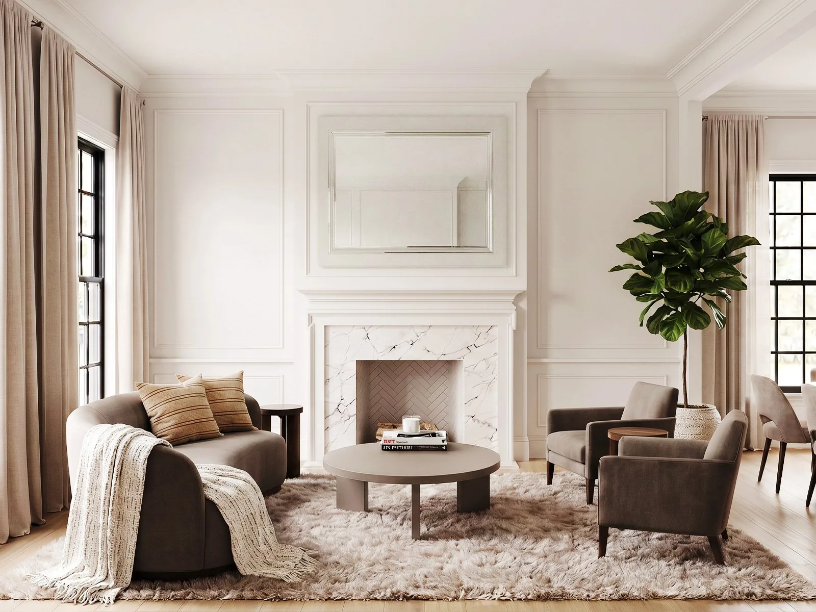 Rendered front living room: paneled walls, white marble fireplace with herringbone firebox, curved sofa and fiddle-leaf fig