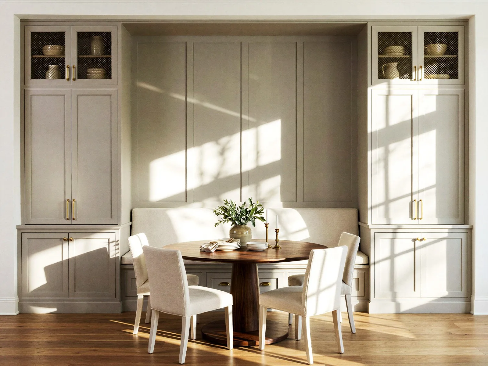 Rendered kitchen nook: built-in cabinetry with mesh-front uppers, an upholstered banquette, a round walnut table and raking window light