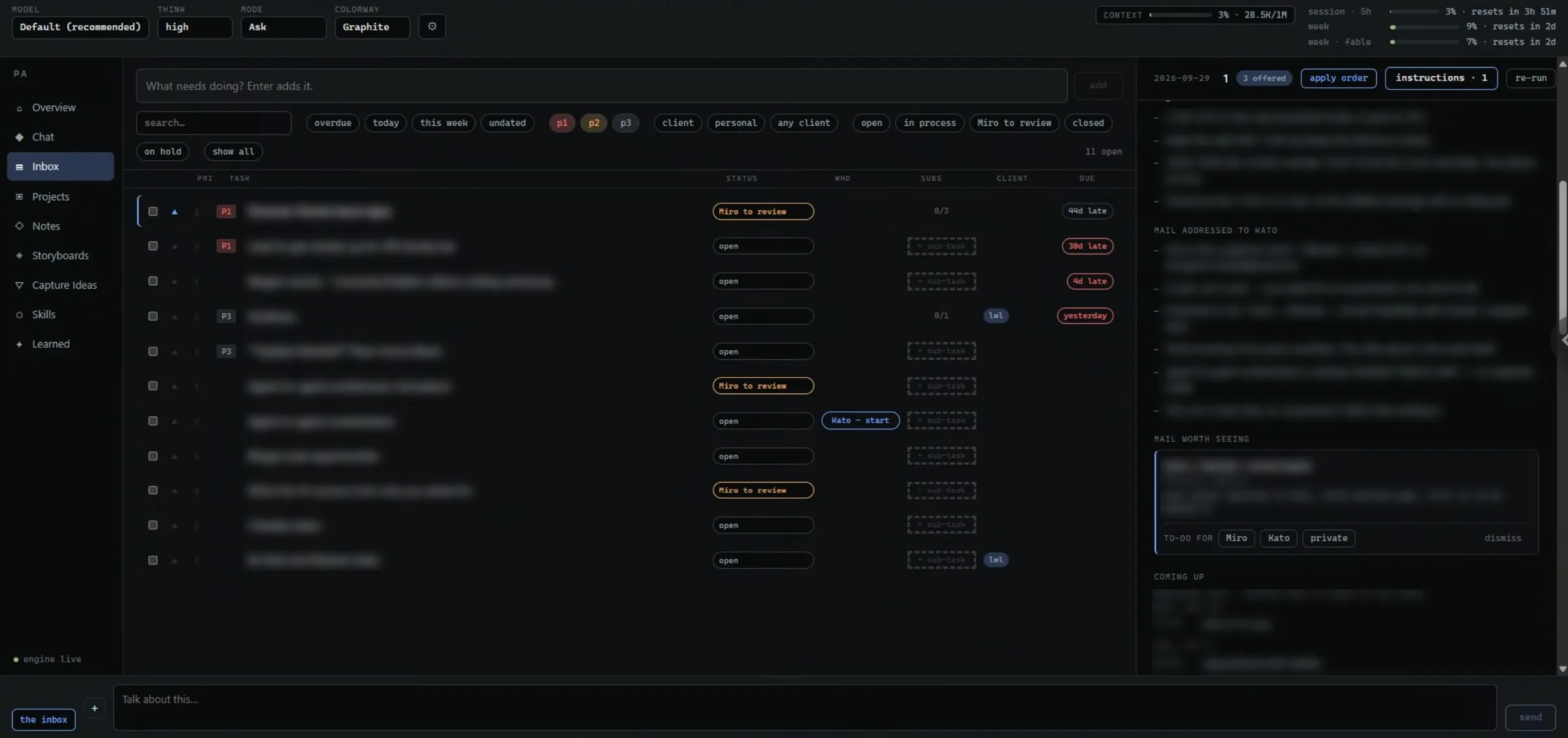 AI right hand inbox: prioritized to-dos with status, sub-tasks and due dates, beside the morning brief panel