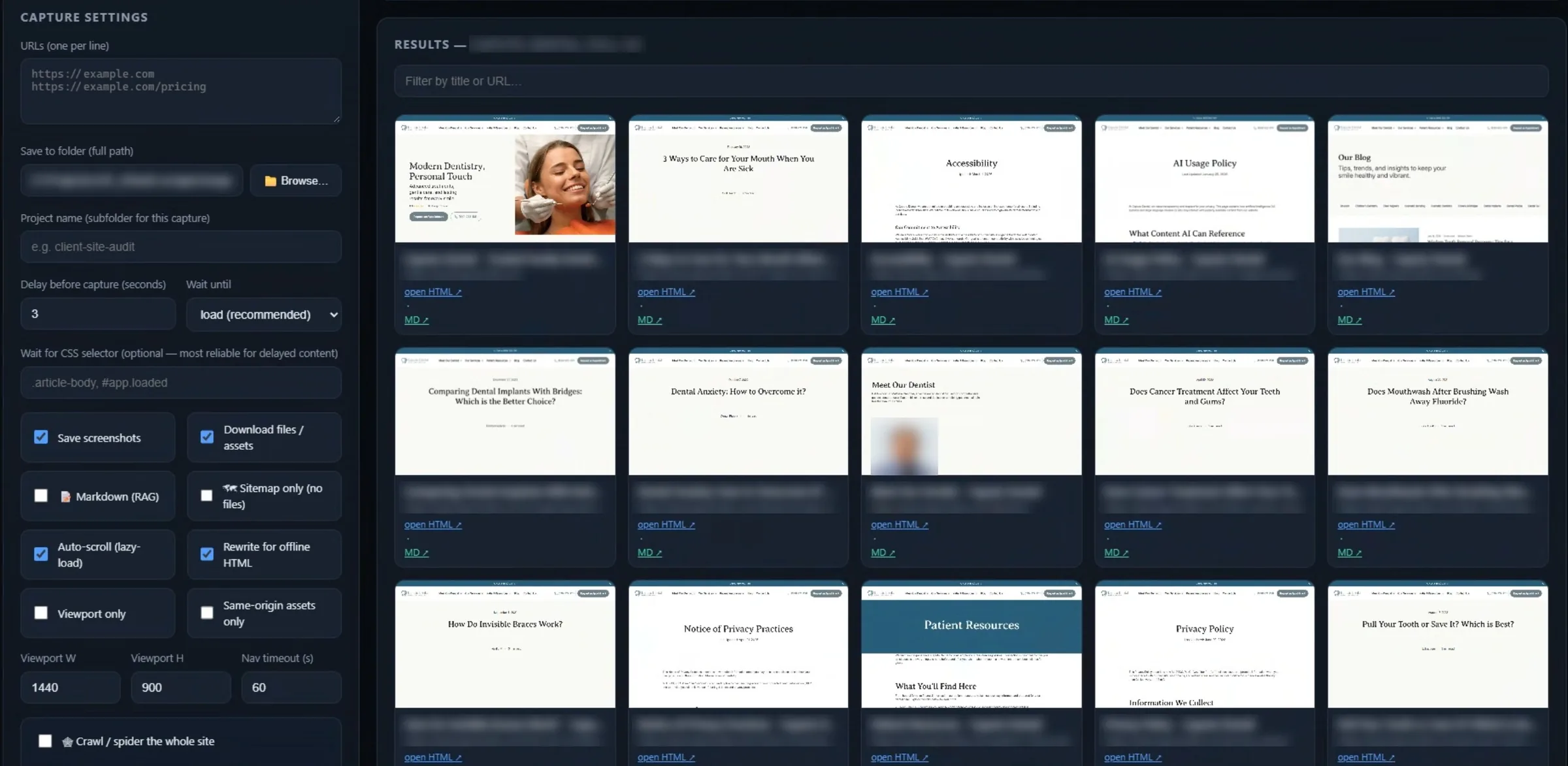 Web scraper interface: capture settings on the left, a grid of captured pages with screenshots and HTML and Markdown links on the right